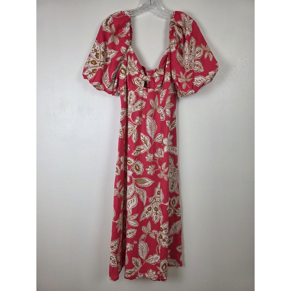 Every Dress Womens Medium Pink Floral Puff Sleeve Linen Blend Maxi Boho Milkmaid